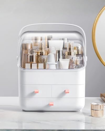 LINFIDITE Cosmetic Storage Box with Lid Makeup Organizer Box with Dust Free Cover Portable Handle,Large Makeup Display C