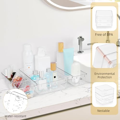 16 PCS Clear Drawer Organizers Set, 5 Varied Size Bathroom and Kitchen Drawer Cabinet Organizer Trays, Clear Plastic Des