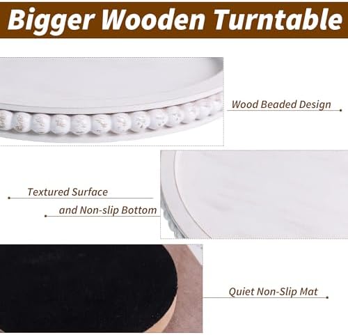 HPC Decor 12Inch Beaded Lazy Susan- Wooden Lazy Susan Organizer for Farmhouse Table Decor, Round Turntable for Table Cab