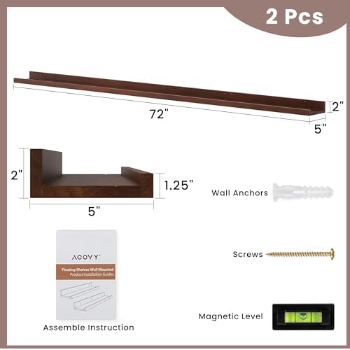 Acovy Long Floating Shelves for Wall, 72 inch Solid Wood Picture Ledge Shelf, Picture Shelf for Wall with Ledge, Floating Book Shelves for Living Room Bedroom Kitchen Nursery Decor, Walnut, Set of 2
