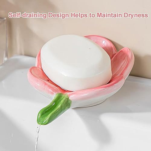 Ceramic Tulip Shaped Pink Soap Dish for Shower, Kitchen, Bedroom