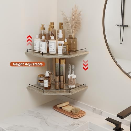 JJL Corner Shelf Wall Mounted, 12 Inches 2-Tier Floating Corner Shelf, Hexagon Rustic Wood Decor with Fence, Gray Wood G