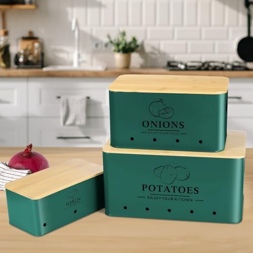 Kitchen Vegetable Storage Set of 3, Metal Onion Garlic Potato Storage Set, Kitchen Canisters Vegetable Keeper Containers