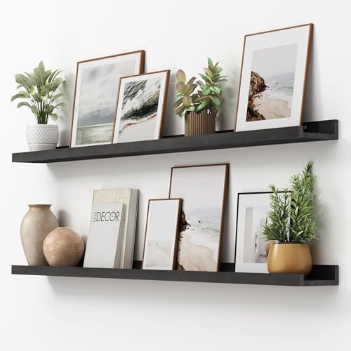 FLYJOE Picture Ledge Shelf, Floating Shelves Set of 2, Solid Pine Wood 55'' Long Large Nursery Book Shelves for Toys Storage, Kids Bookshelf for Living Room Bedroom Decor Books Photo Frames, Black