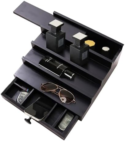 4 Tier Men's Cologne Organizer, Black Wooden Display Stand with Drawer