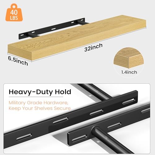 32 Inch Floating Shelves for Wall, Rustic Wood Wall Mounted Deep Storage Shelves with Invisible Brackets, Large Decorati