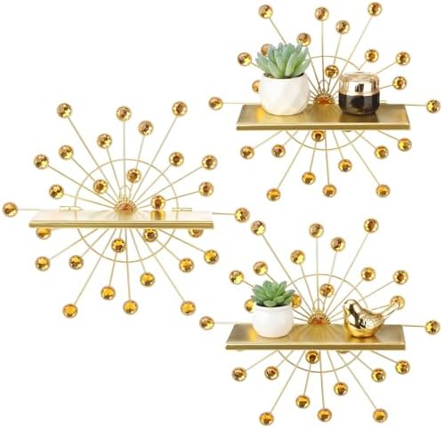 Yaocom 3 Pcs Crystal Floating Shelves, Bling Sparkle Metal Starburst Wall Decor Shelves, Gold Folding Wall Mounted Stora