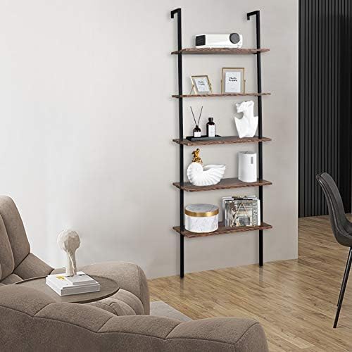 5 Tier Industrial Wall Mounted Bookshelf,Modern Ladder Bookcase Storage Organizer,Open Display Storage Rack,Plant Flower