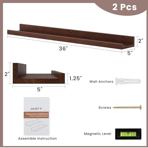 Acovy Floating Shelves for Wall, 36 inch Solid Wood Picture Ledge Shelf, Picture Shelf for Wall with Ledge, Floating Book Shelves for Living Room Bedroom Kitchen Nursery Decor, Walnut, Set of 2