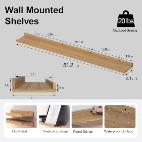 Oak Floating Shelves for Wall Decor, 52 in Shelf with Lip, 2 Set