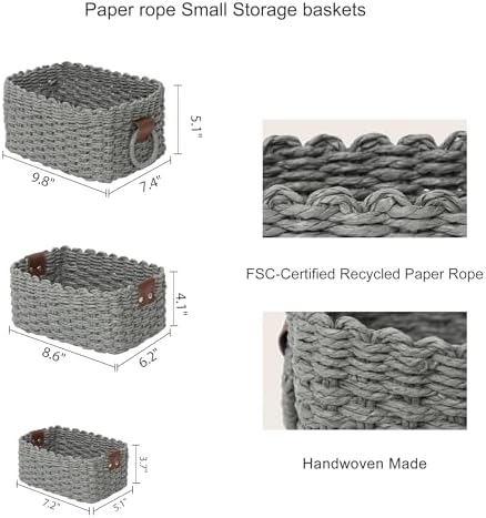 Woven Paper Rope Wicker Basket for Organizing(Set of 3,Grey)