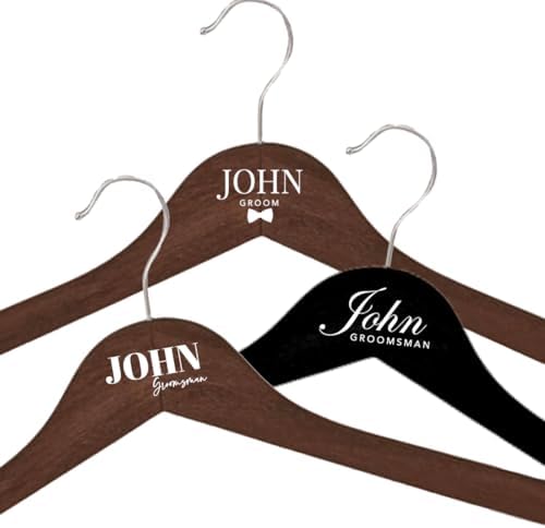 Andaz Press Custom Groomsmen Hanger for Wedding Suit, Personalized Wooden Suit Hangers for Groomsmen Gifts, Custom Name Premium Brown Dark Wood or Black Wood Clothes Hanger for Wedding Day, 1-Pack