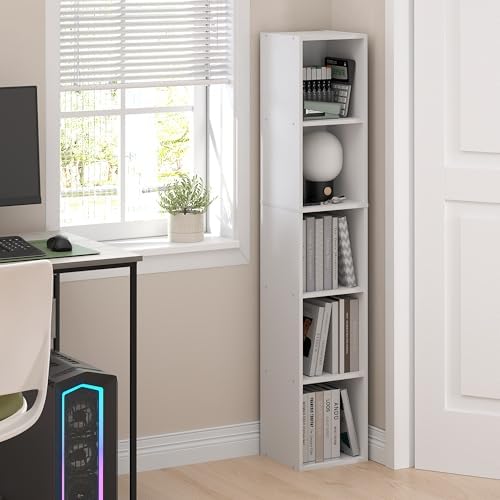 Furinno Fulda Book Shelf, 5-Tier Tall Narrow Bookshelf, Standing Bookcase with 10-in Width Storage Shelf, 9.3 x 9.8 x 51