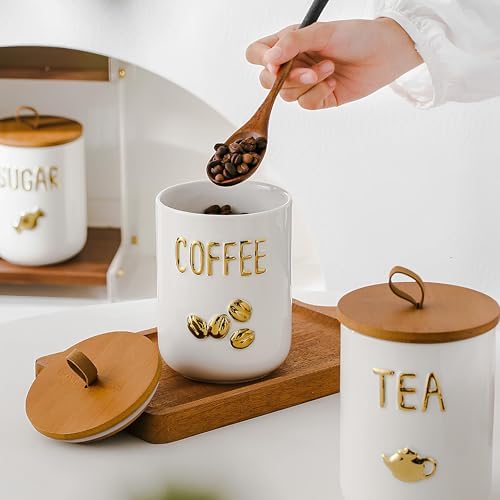 Comeon Ceramic Canister Set with Airtight Seal Bamboo Lid Silicone, 27oz Food Storage Jars for Coffee Sugar Tea, Contain