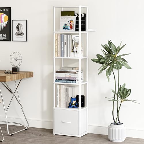 6-Tier Bookshelf Organizer, Narrow Bookcase,Tall Skinny Bookshelves, Standing Ladder Shelf with Drawer, Small Book Shelf