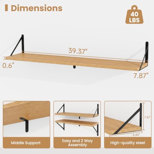 Heimlove Floating Book Shelves for Wall,39.37Inches Long Wall Mounted Bookshelves,Heavy Duty Bracket Shelves for Living 