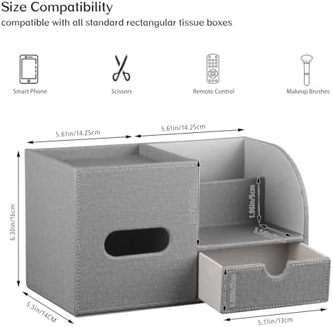PU Leather Tissue Box Cover Square with Drawer Storage and Tray on Top