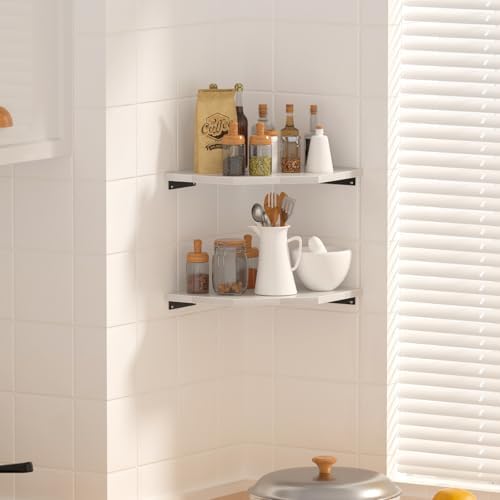 JJL Corner Shelf, 12 Inch Corner Shelf Wall Mounted with Wire Hole, 2 Tier 13.3 Inch Deep Wooden Corner Hanging Shelves 