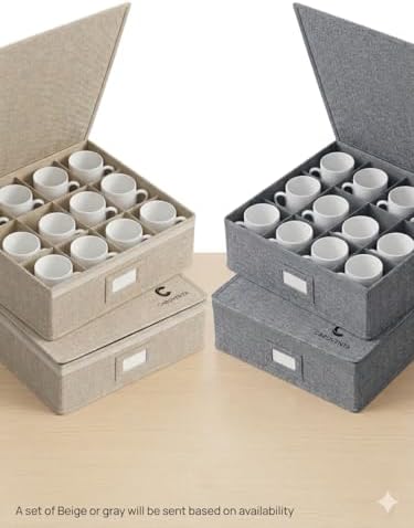 Mug Storage Box Set of 2 with Lid – 12 Compartment Coffee Cup Organizer for Cabinet & Pantry – Stackable Linen-Style Sto