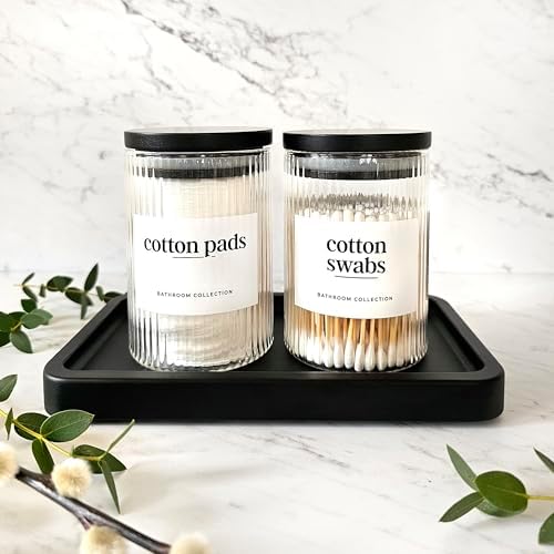 Mason & Fable Ribbed Glass Bathroom Jars & Tray Set | 10 fl oz, Set of 2 Storage Canister with Airtight Black Bamboo Lid