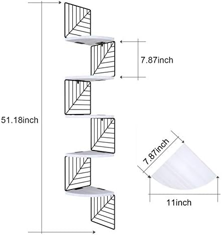 Love-KANKEI Corner Wall Shelf 5 Tier,Solid Wood/Metal Bracket,51"Tall,White