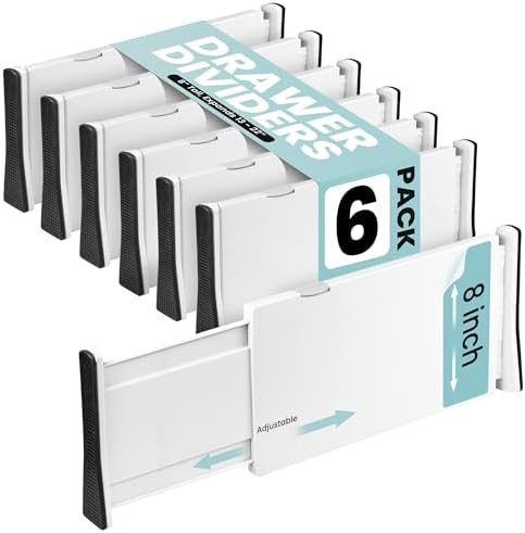 RAPTUROUS Adjustable Drawer Dividers, 8" Tall, Expandable 13.35-22", 6-Pack, Non-Slip for Deep Drawers in Kitchen, Bedroom, and Closet (White)