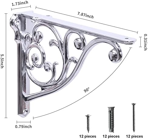 Shelf Brackets 8 Inch 4PCS Heavy Duty Polished Chrome Wall Bracket Baroque Kitchen Decorative Rack Shelves, Including Al
