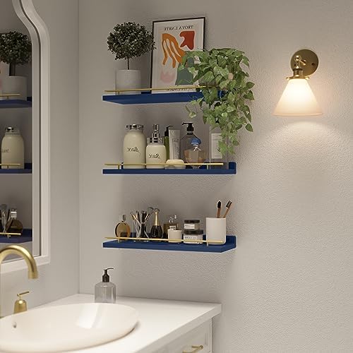 WOPITUES Floating Shelves for Wall Decor Set of 3, Gold in Navy Blue
