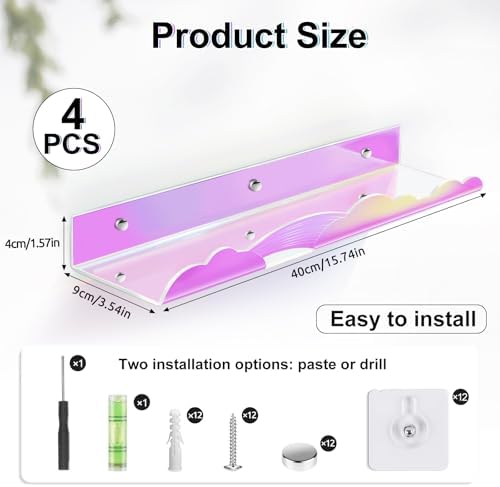 Iridescent Rainbow Acrylic Floating Shelves, Wall Mounted, 15in, 4 Pack