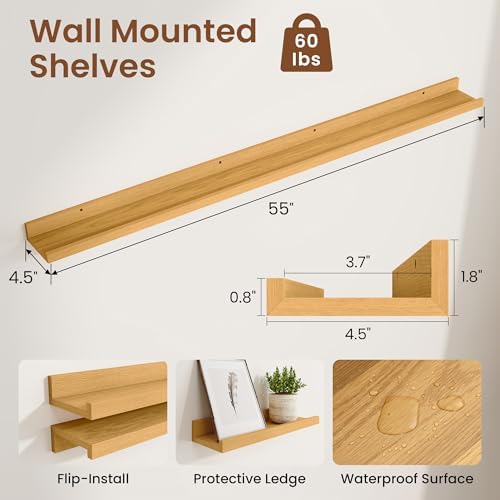 Heimlove Picture Ledge Shelf,56 inch Long Floating Shelves for Wall Set of 2,Picture Shelf with Lip for Wall Decor,Livin