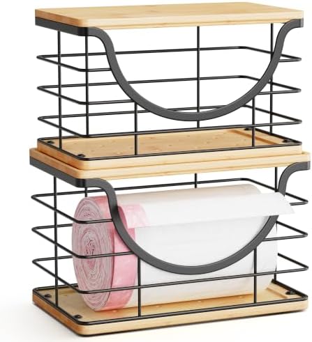 ALOCEO 2 Pack Stackable Wire Storage Basket with Bamboo Lid, Large Garbage Bag Dispenser for 13/30/33 Gallon Bags, Stain