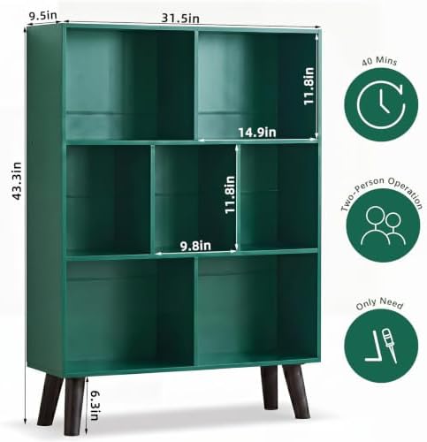 YAHARBO Dark Green Bookshelf,3 Tier Book Shelf with Legs, 7 Cube Minimalist Bookcase,Storage Organizer Shelves Display B