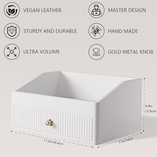LADSTAG Makeup Organizer,Leather Skin Organizer with 1 Drawer&Tray,Luxury Beige White Makeup Storage for Perfume,Bedroom