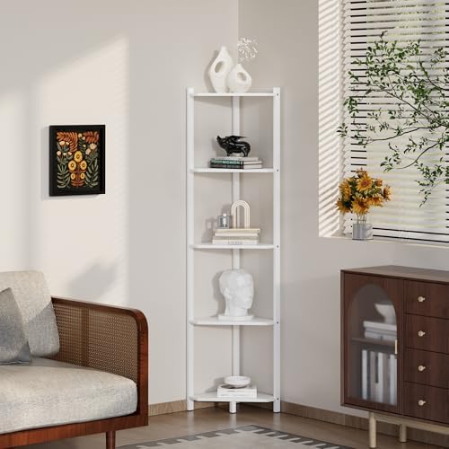 Wisuce Bamboo Tall Corner Shelf Stand, 5-Tier White Corner Bookshelf