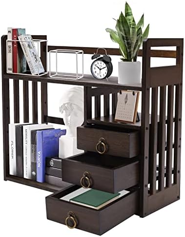 Bamboo Desk Book Shelf,Desktop Bookshelf Storage Rack Tabletop Standing Organizer Bookshelf with 3 Drawers,Freestanding 