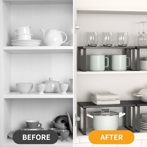Kitchen Cabinet Organizer Shelf Set of 4, Sturdy Kitchen Counter Shelves with Metal Legs, Stackable Expandable Wood Spic