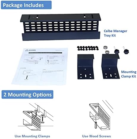 AEONS Under Desk Cable Management Tray Black Horizontal 16-inch Under Desk Removable C Clamp Mount Computer Cord Raceway