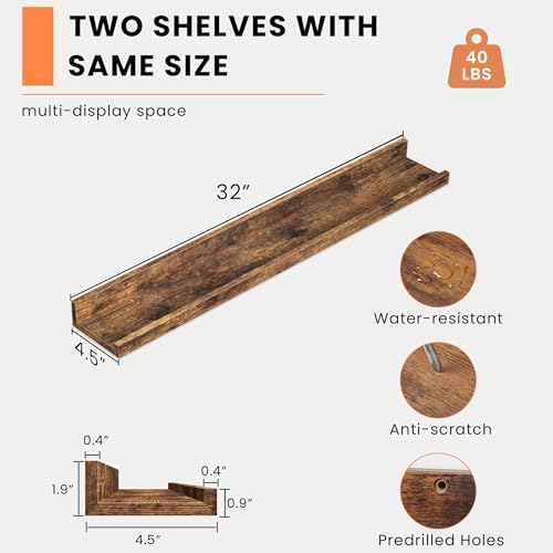 Heimlove Picture Ledge Shelf, Floating Shelves Set of 2, 31.5Inches Picture Shelf for Wall with Ledge, Kids Bookshelf Wall Mounted for Living Room Bedroom Decor Books Photo Frames - Rustic Brown