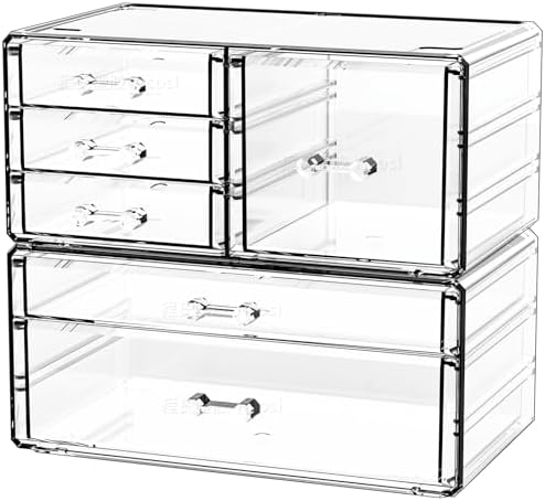 Cq acrylic 2 Pack Clear Desk Organizer With Drawers,Stackable 6 Drawers Skincare Organizer,Cute Skin Care Organizers for