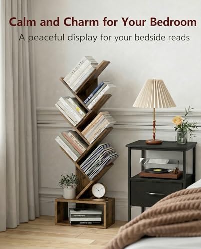 6 Tier Tree Book shelf - Small Bookcase and Small Bookshelf for Small Spaces, 15.0-Inch Wide Rustic Standing Organizer w