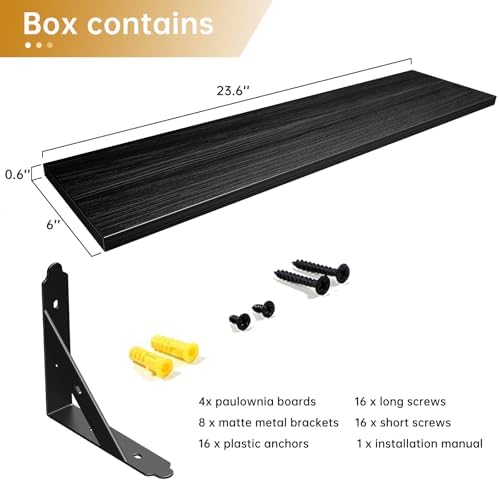 ROMGUAR CRAFT Wood Wall Floating Shelves Set of 4, 23.6" x 6" - Black