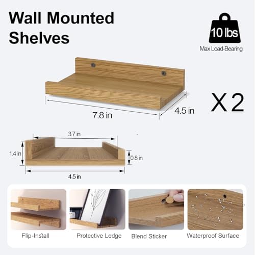 Small Oak Floating Shelves for Wall, Shelf with Lip Set of 2, 8 in