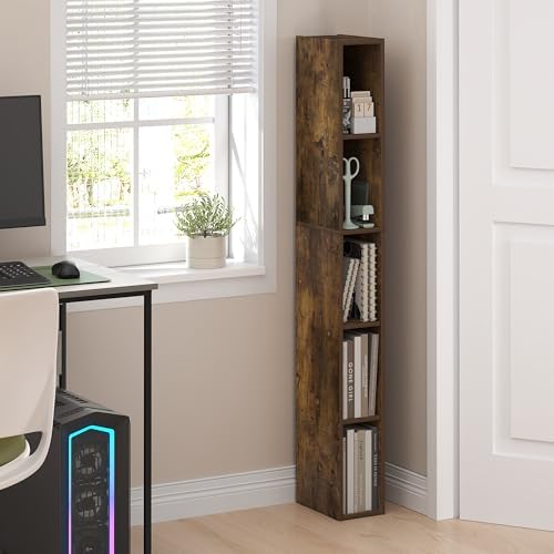 Furinno Fulda Book Shelf, 5-Tier Tall Narrow Bookshelf, Standing Bookcase with 6-in Width Storage Shelf, 9.3 x 5.9 x 51.