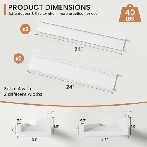 Fun Memories Picture Ledge Shelves Set of 4, 24 Inch Rustic Wall Mounted Floating Shelves with Lip for Home Storage and 
