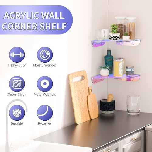 Sezanrpt 7x7 Inch Corner Shelf Wall Mount Set of 2, Iridescent Acrylic Corner Floating Shelves, Corner Wall Organizer Sh