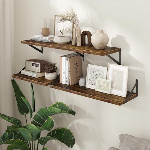 Axeman Deep Floating Shelves - 30 Inch Floating Shelves Set of 2-12 Inch Deep Brown Wood Wall Shelves for Living Room Ba