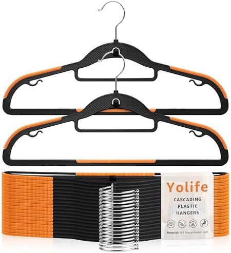 Yolife Cascading Plastic Clothes Hangers 10 Pack with Inner Hook for Vertical Storage, Slim Space Saving Hangers with Non-Slip Pads, 360° Swivel Metal Hook, Versatile, Black & Orange