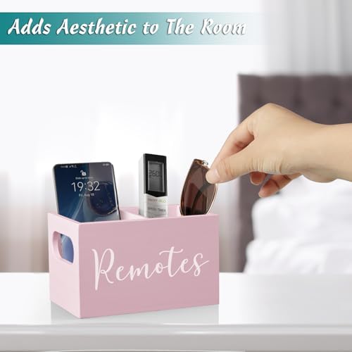 DRASTAR Remote Holder and Organizer - TV Remote Caddy for Table, Wooden Storage Organizer with Pink Accessories