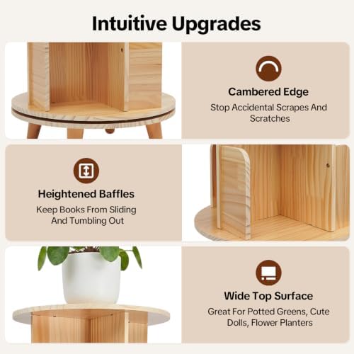6 Tier Rotating Bookshelf Tower,Solid Wood Bookshelf with Legs,Round Revolving Bookcase for Small Spaces,Spinning Booksh
