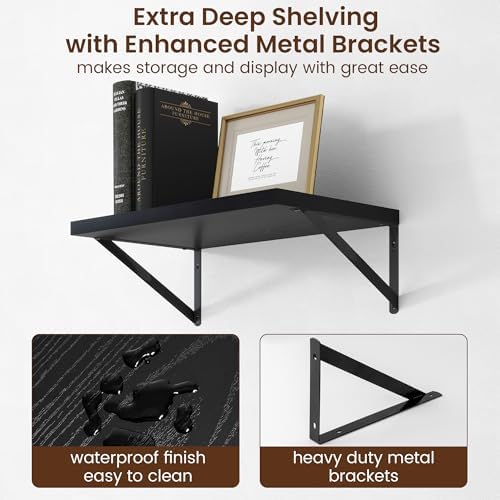Axeman Deep Floating Shelves - 20 Inch Black Floating Shelves Set of 2-12 Inch Deep Wood Wall Shelves for Living Room Ba